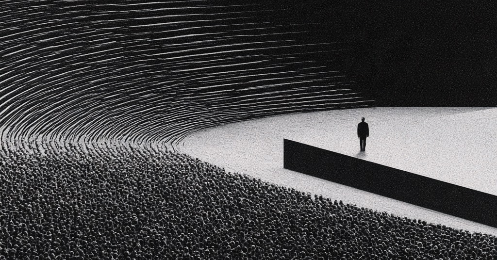 A lone figure standing on a pale platform above a vast crowd, beneath a dark wall of curved lines sweeping around the scene